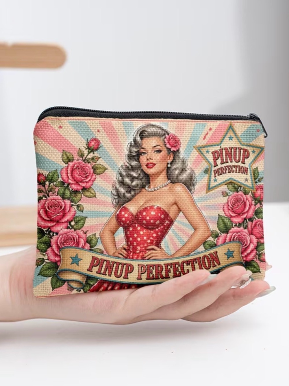 Pinup Perfection Floral Zip Pouch - Pink & Cream Polkadots Star Roses